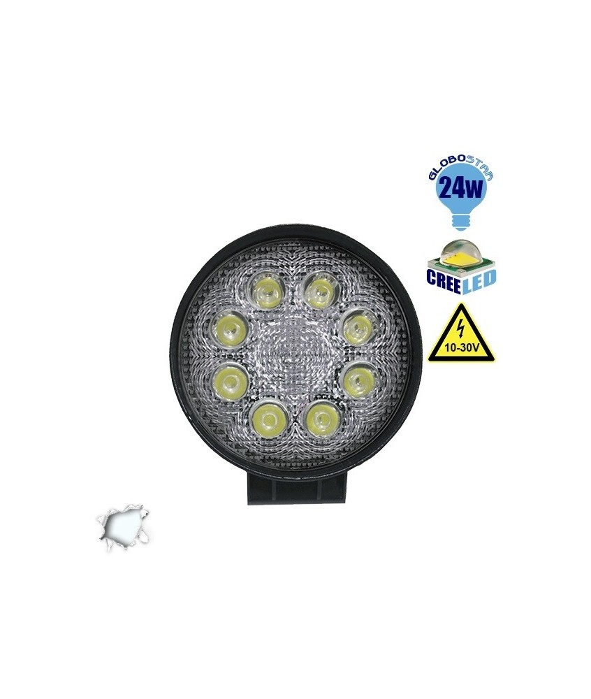GloboStar® 29999 PRO Series Προβολέας Εργασίας - Working Light για Αυτοκίνητα & Φορτηγά Στρογγυλός 24W 10-30V 3360lm 30° Αδιάβροχος IP65 Ψυχρό Λευκό 6000k